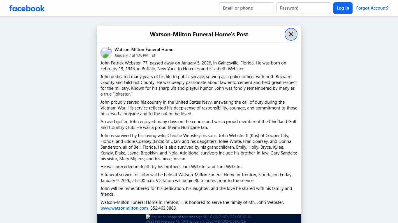 John Patrick Webster, 77,... - Watson-Milton Funeral Home Facebook