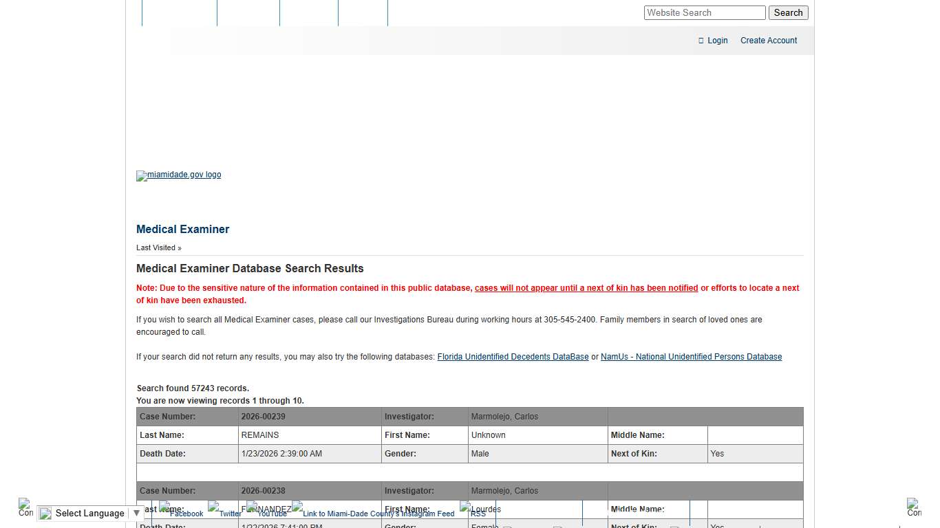 Miami-Dade County - Medical Examiner - Medical Examiner Database Search Results